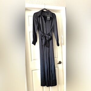 NEW Satin black jumpsuit Kooples sport wide leg, waist sash, long sleeve Sz L